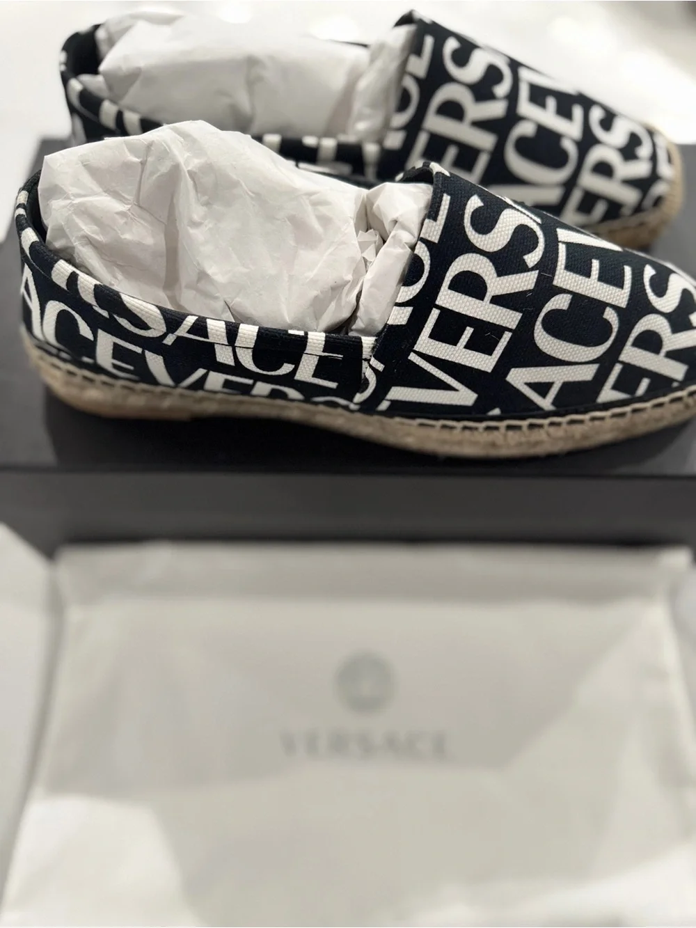 Versace Black and White Logo Espadrille Flats